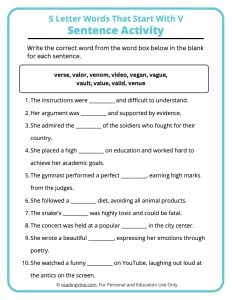 5 Letter V Words Sentence Activity