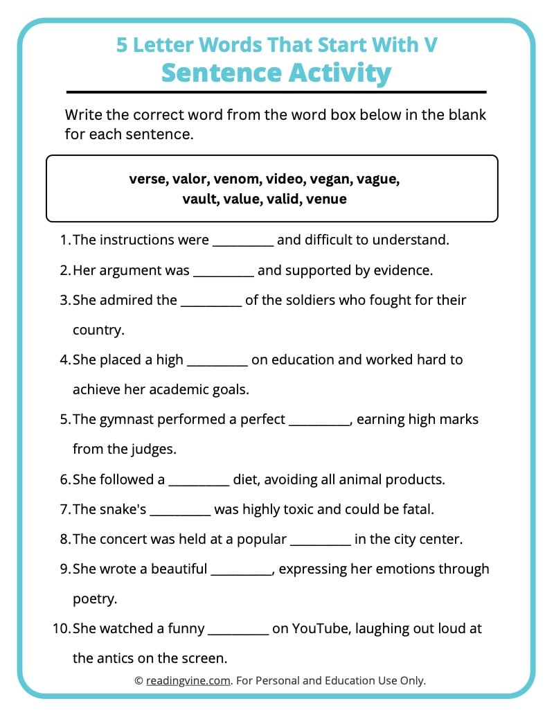 5 Letter V Words Sentence Activity