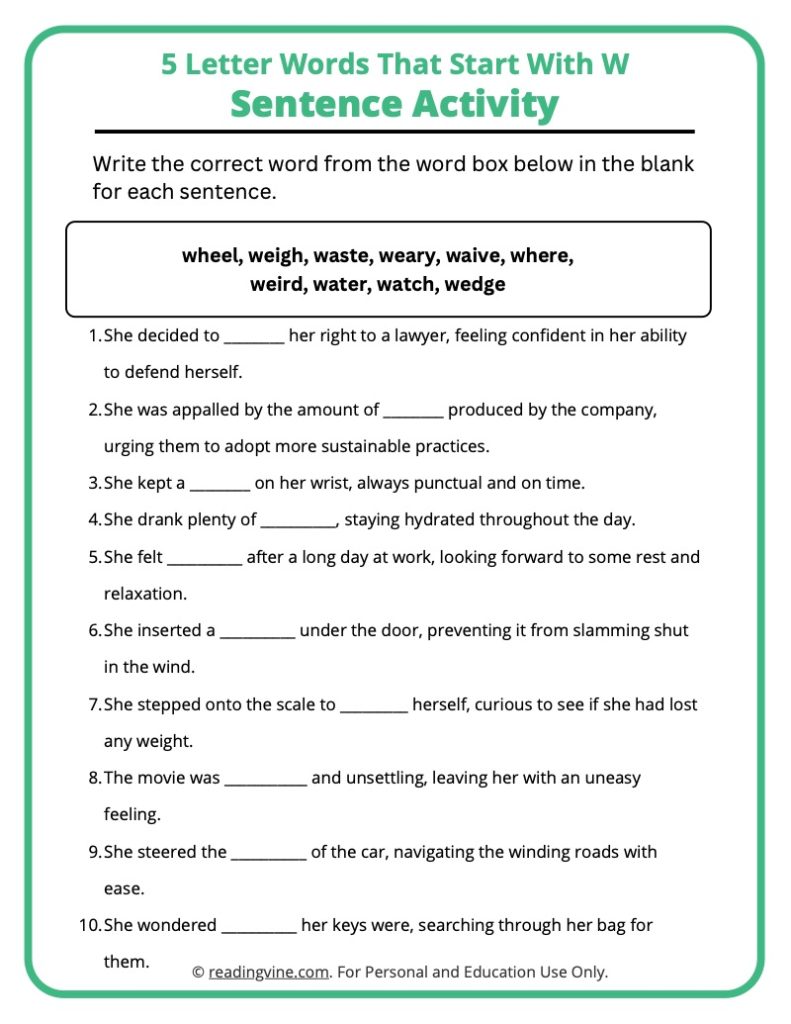 w 5 letter words list