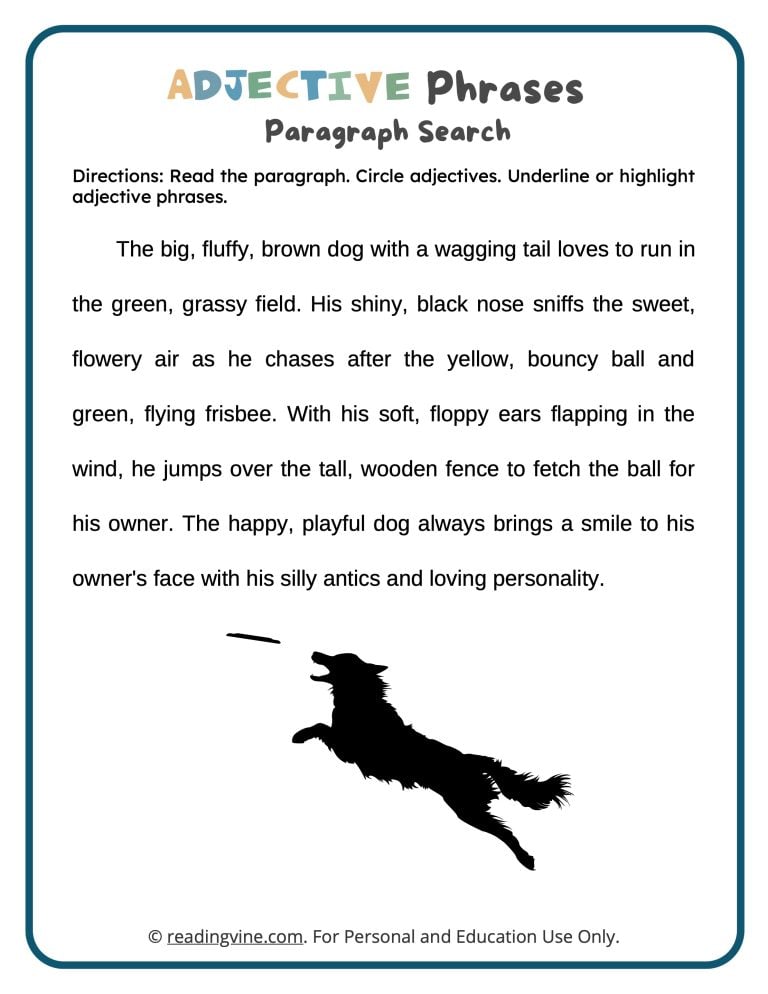 Adjective phrases paragraph search worksheet image readingvine