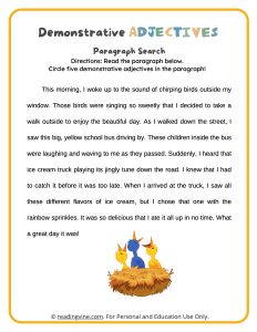 Demonstrative Adjectives Paragraph Search Reading Activity