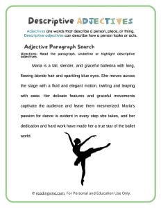 Descriptive Adjectives Paragraph Search Worksheet