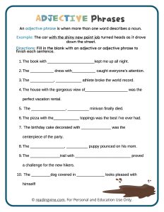 Fill in the Blanks with Adjective Phrases Activity