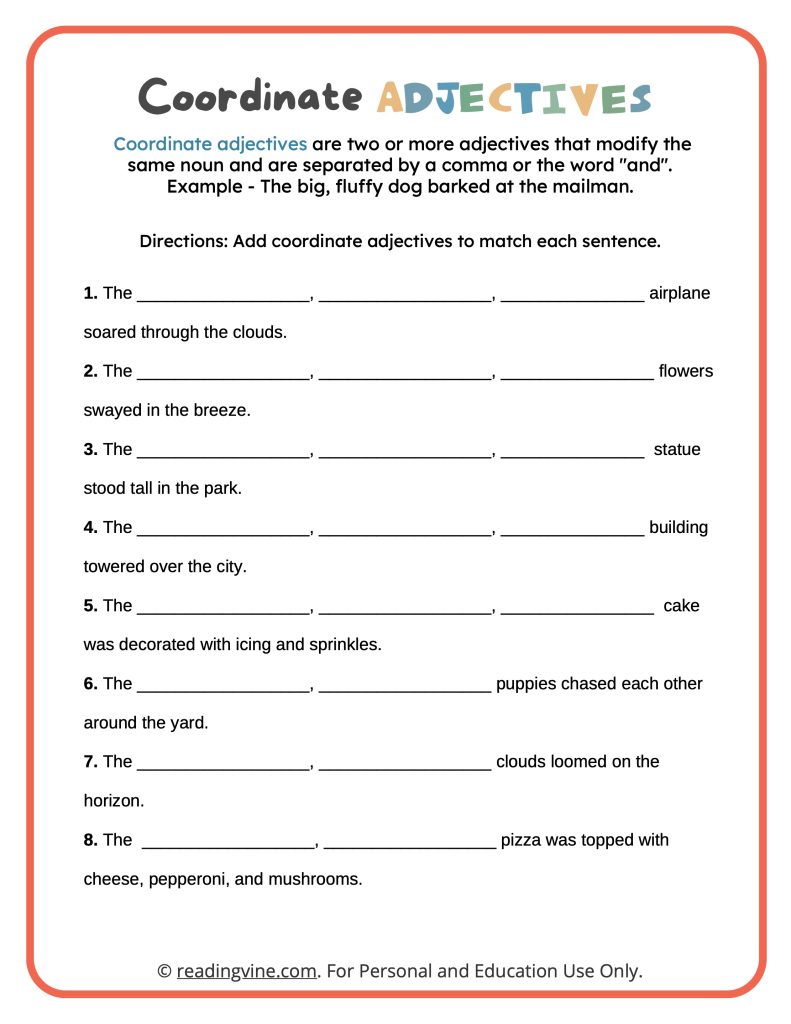 Fill in the Blanks Coordinate Adjectives Worksheet image ReadingVine Fill in the Blanks Coordinate Adjectives Worksheet image ReadingVine
