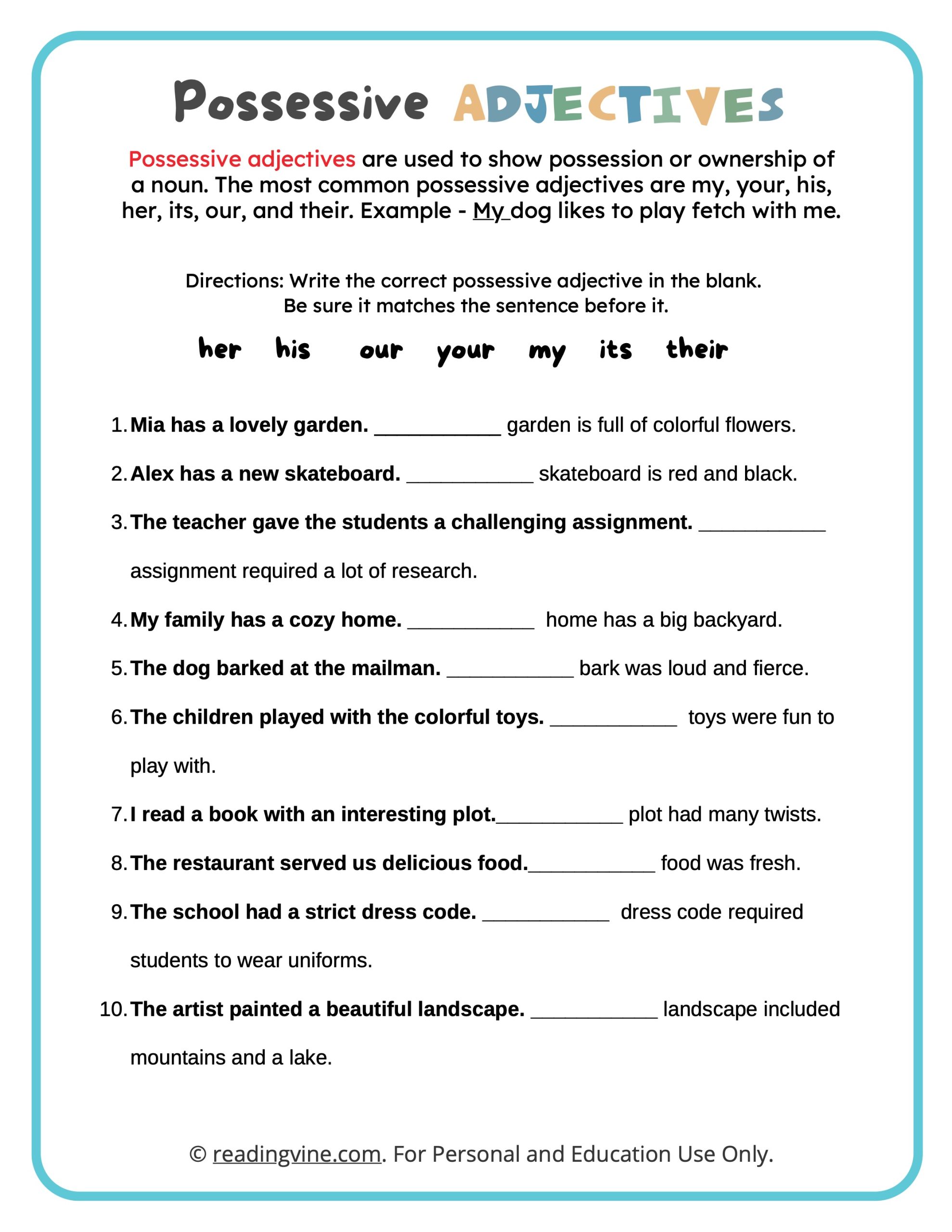 Possessive Adjectives Worksheets ReadingVine