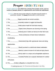 Fill in the Blanks Proper Adjectives Activity