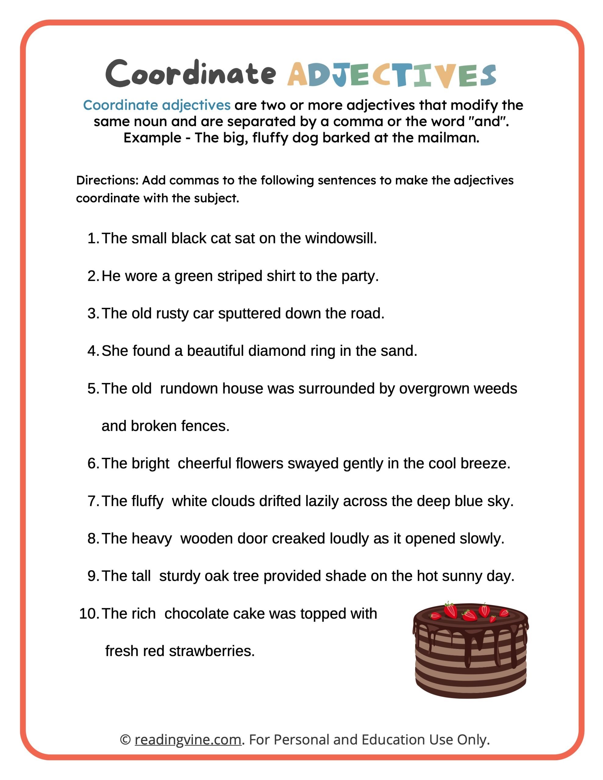 Fixing Sentences with Coordinate Adjectives Worksheet