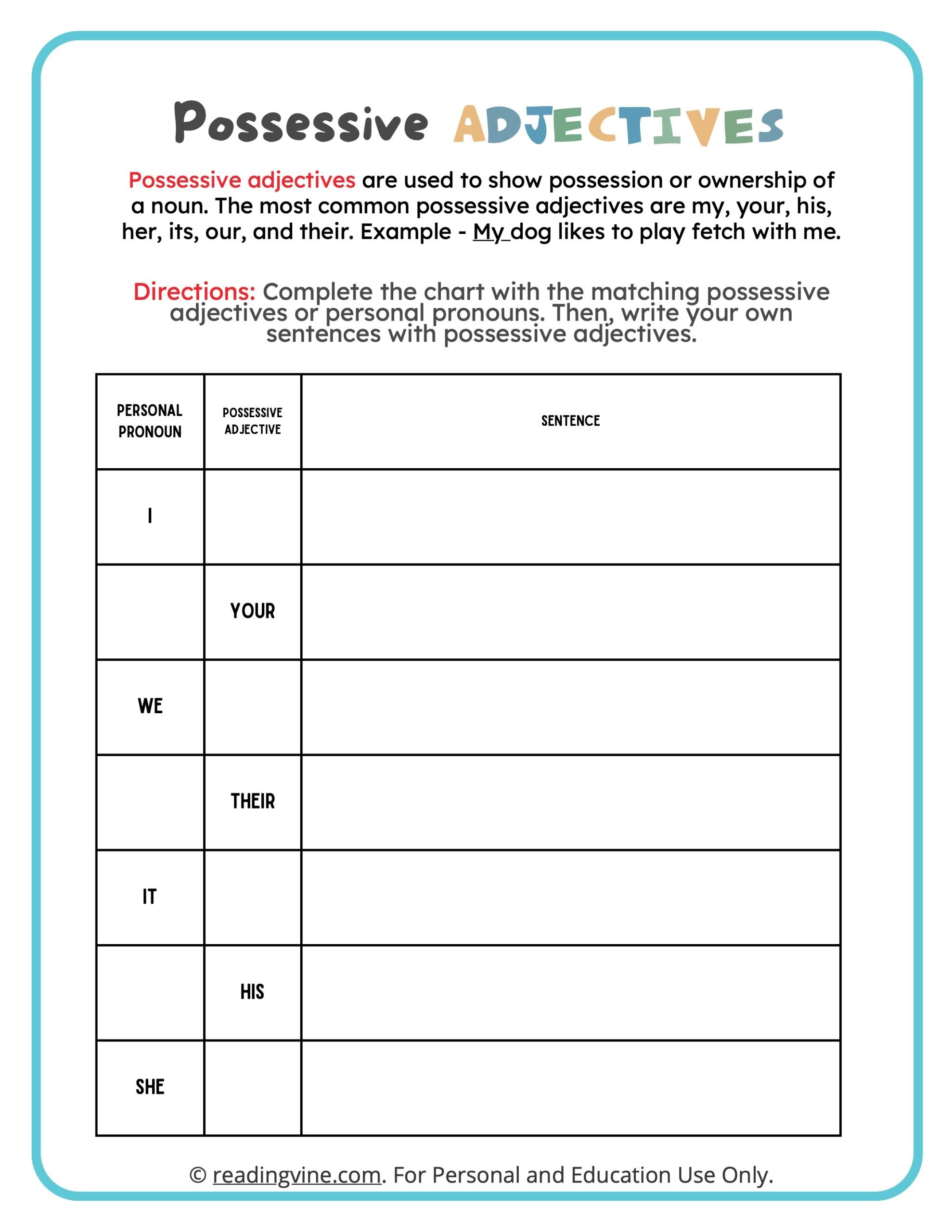 Possessive Pronouns Worksheets