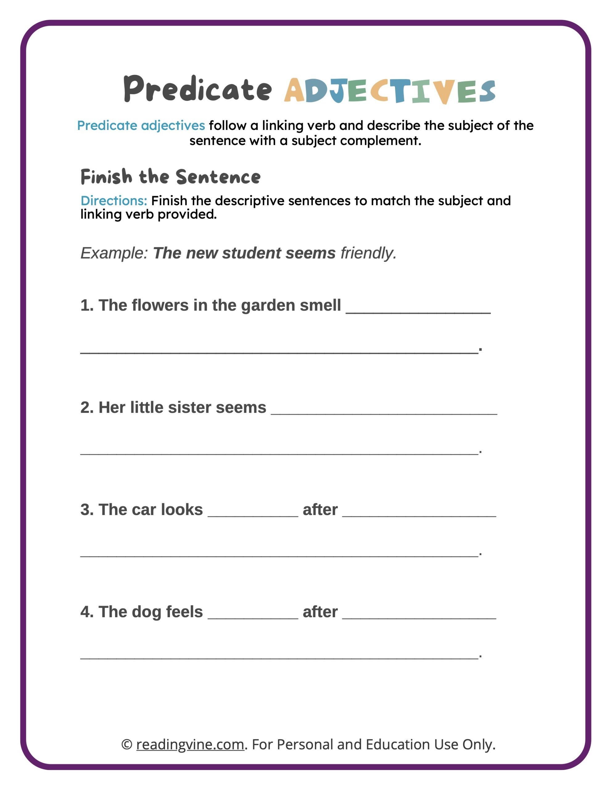 Writing Predicate Adjectives Worksheet
