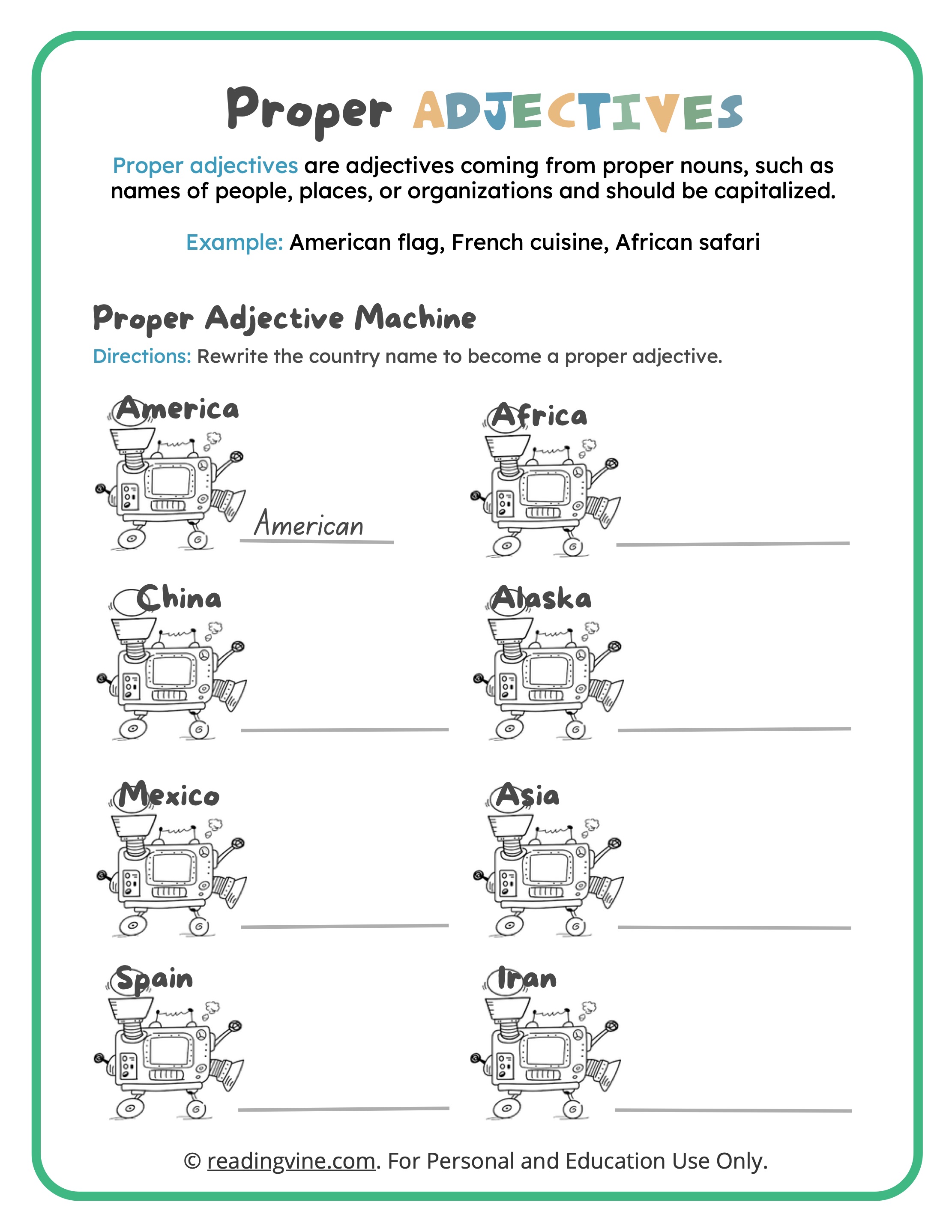 Proper Adjectives Machine Worksheet image ReadingVine