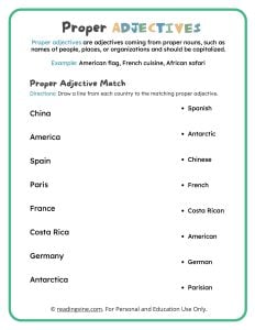 Proper Adjectives Matching Game Worksheet