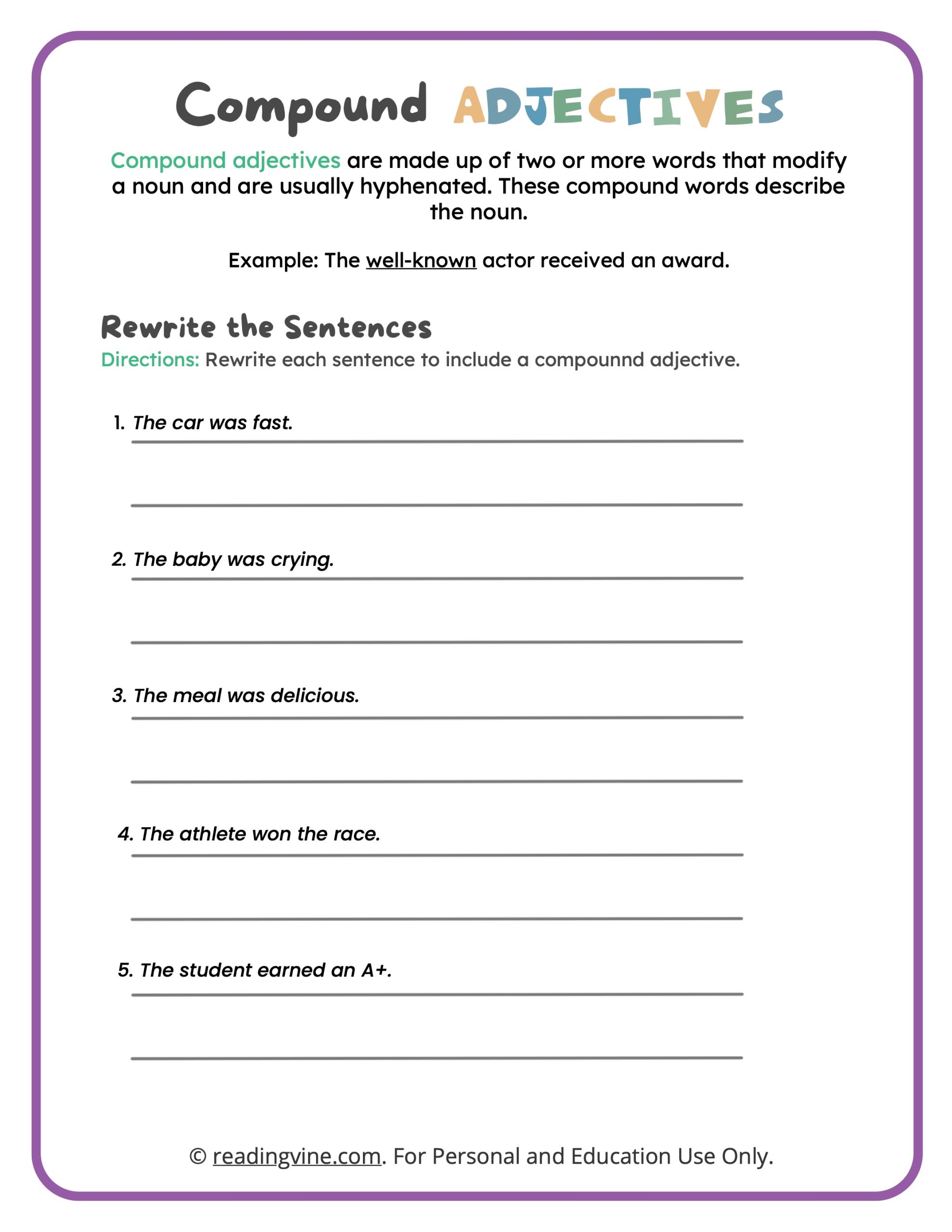 Compound Adjectives Worksheets ReadingVine