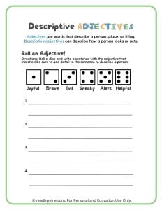 Descriptive Adjectives Roll the Dice Activity