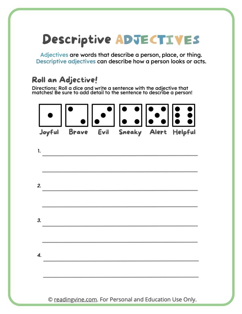 Descriptive Adjectives Roll the Dice Activity