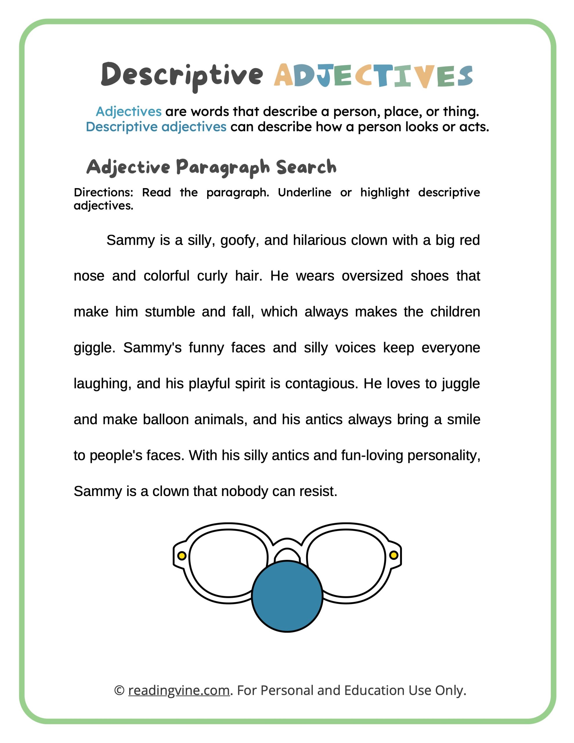 Descriptive Adjectives Worksheets ReadingVine