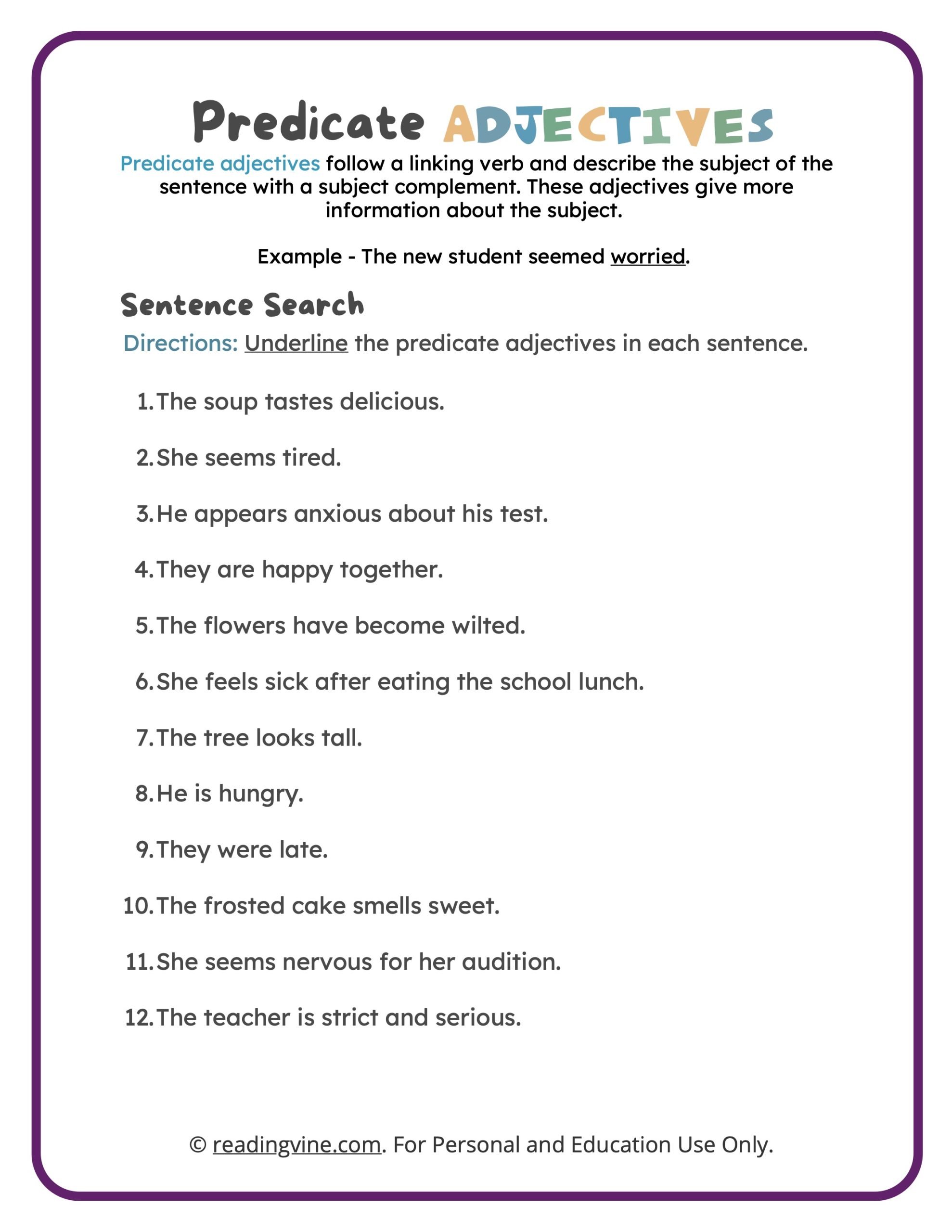 Underline the Predicate Adjectives Worksheet