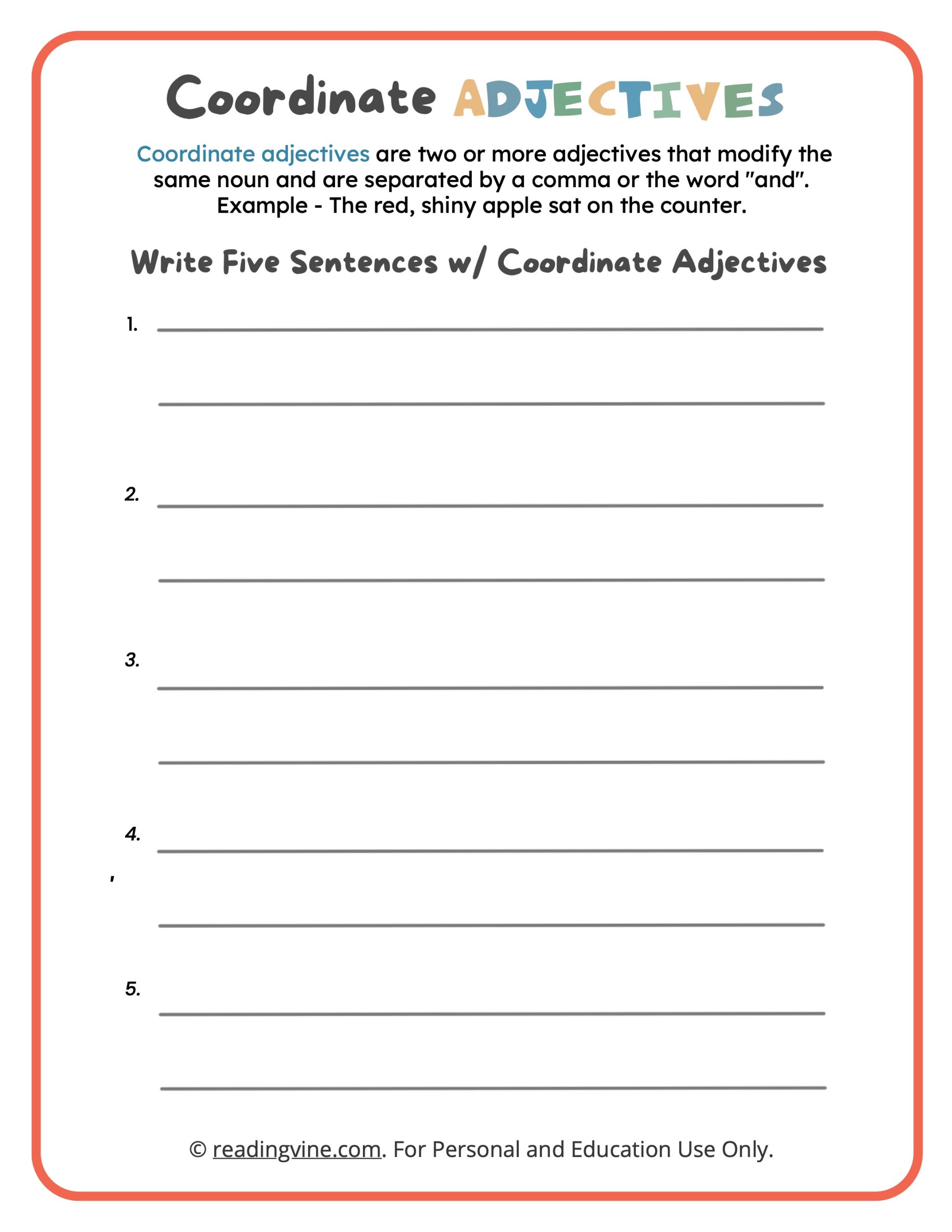Writing Sentences with Coordinate Adjectives Worksheet