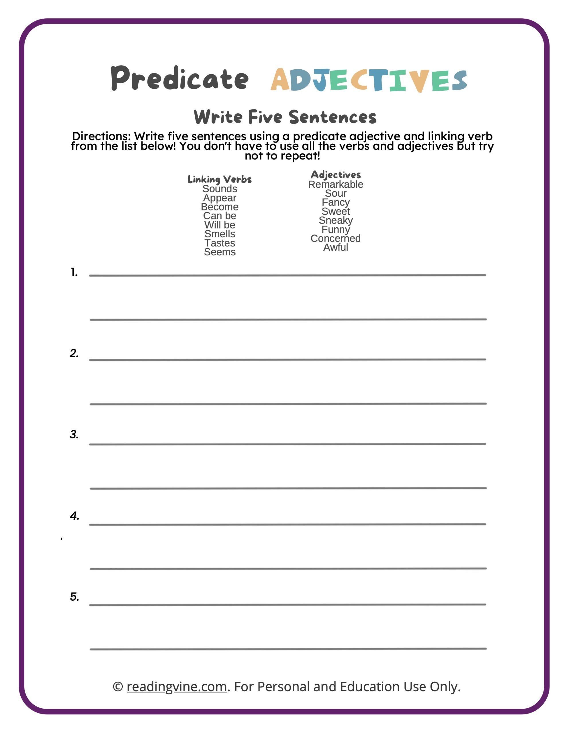 Predicate Adjectives Writing Worksheet