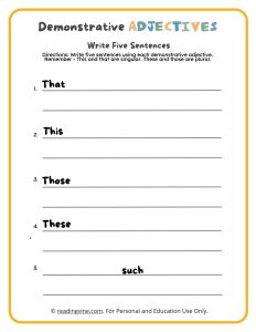 Demonstrative Adjectives Writing Sentences Activity