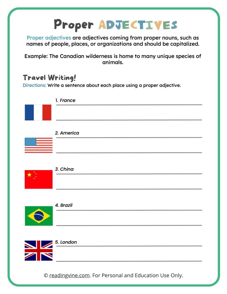 Printable Proper Adjectives Writing Activity