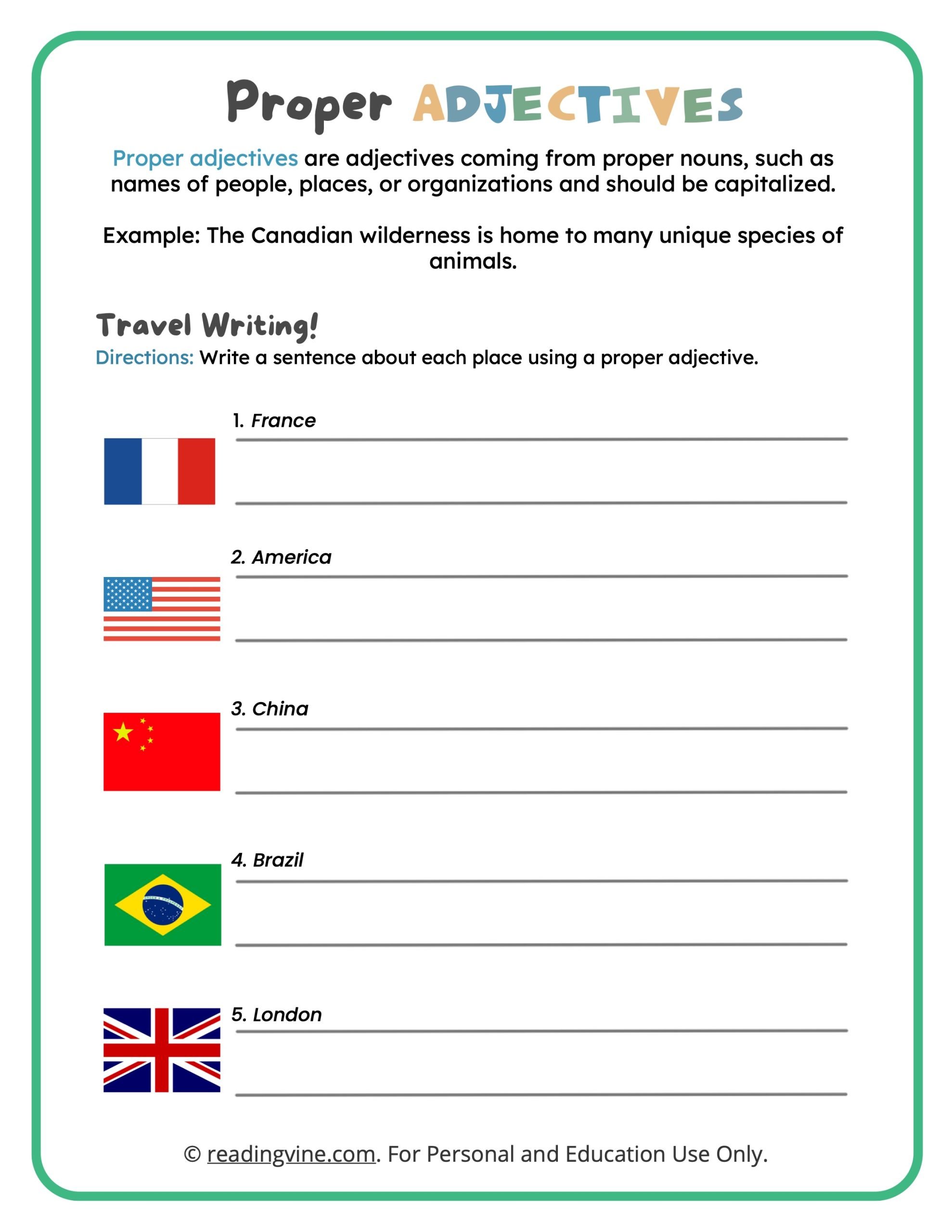 Printable Proper Adjectives Writing Activity