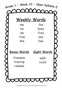 Week 10 first grade word lists