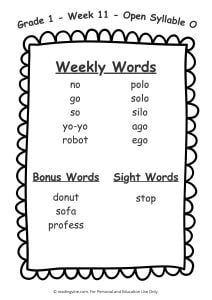 Week 11 Spelling List for First Grade