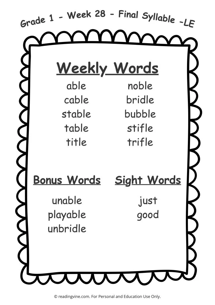 Week 28 Spelling List