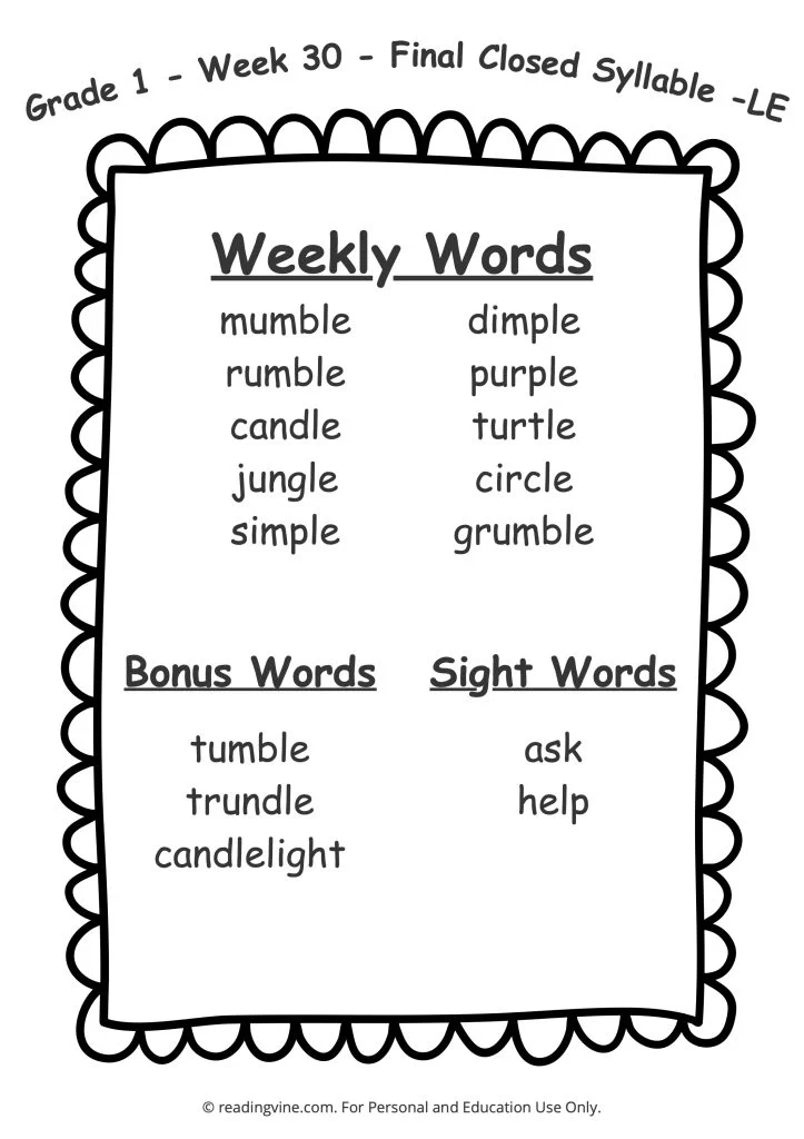 Week 30 Spelling List