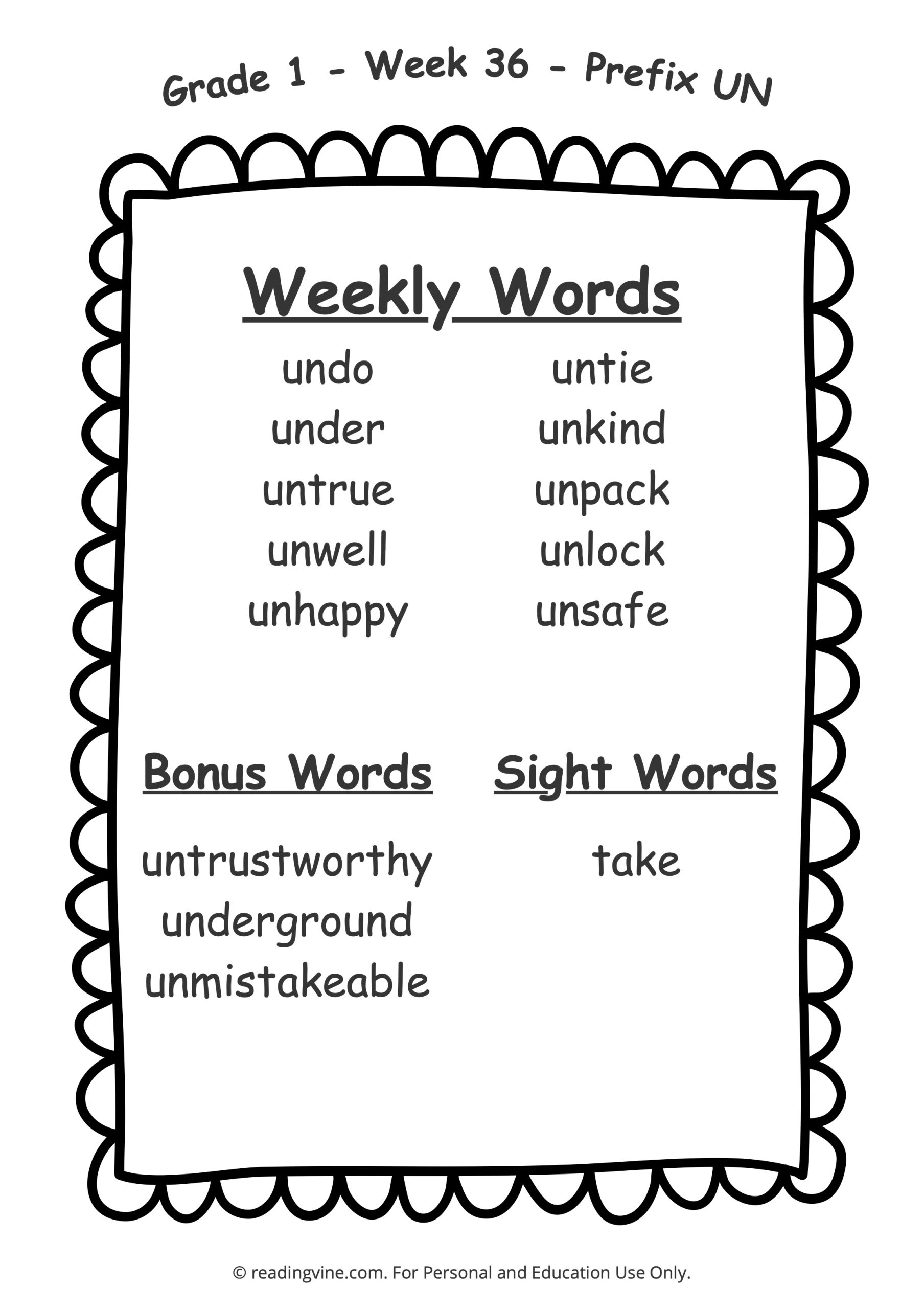 Week 36 Spelling List for First Grade