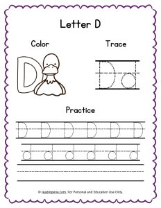 Color, Trace, and Write the Letter D Worksheet Image