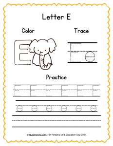 Color, Trace, and Write the Letter E Worksheet Image
