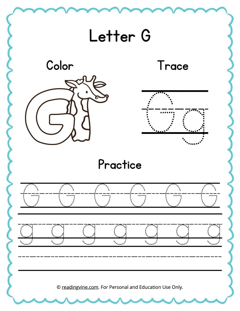 Color, Trace, and Write the Letter G Worksheet