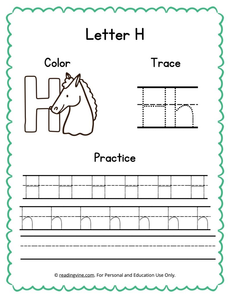 Color, Trace, and Write the Letter H Activity