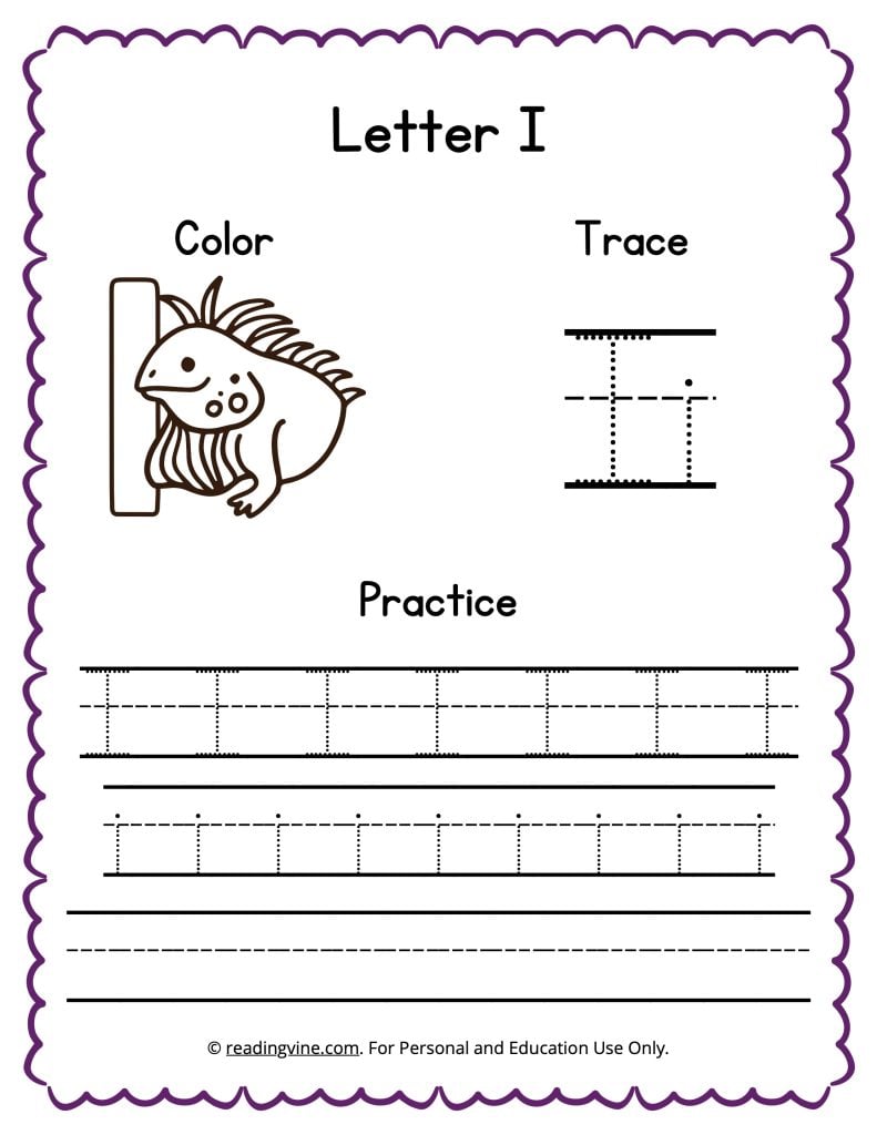 Color, Trace, and Write the Letter I
