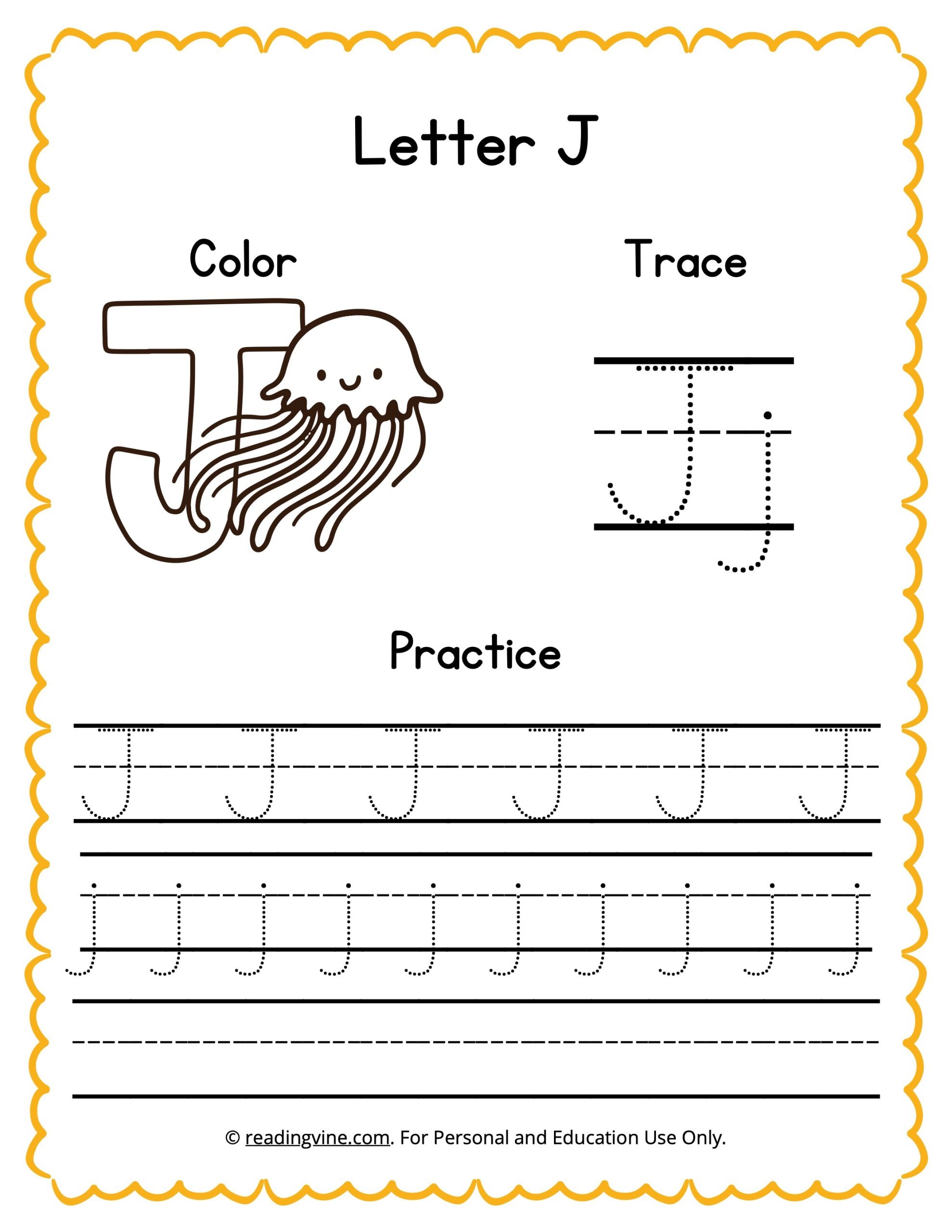 Color, Trace, and Write the Letter J Worksheet Image