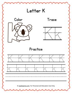 Color, Trace, and Write the Letter K Worksheet Image