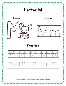 Color, Trace, and Write the Letter M Worksheet Image