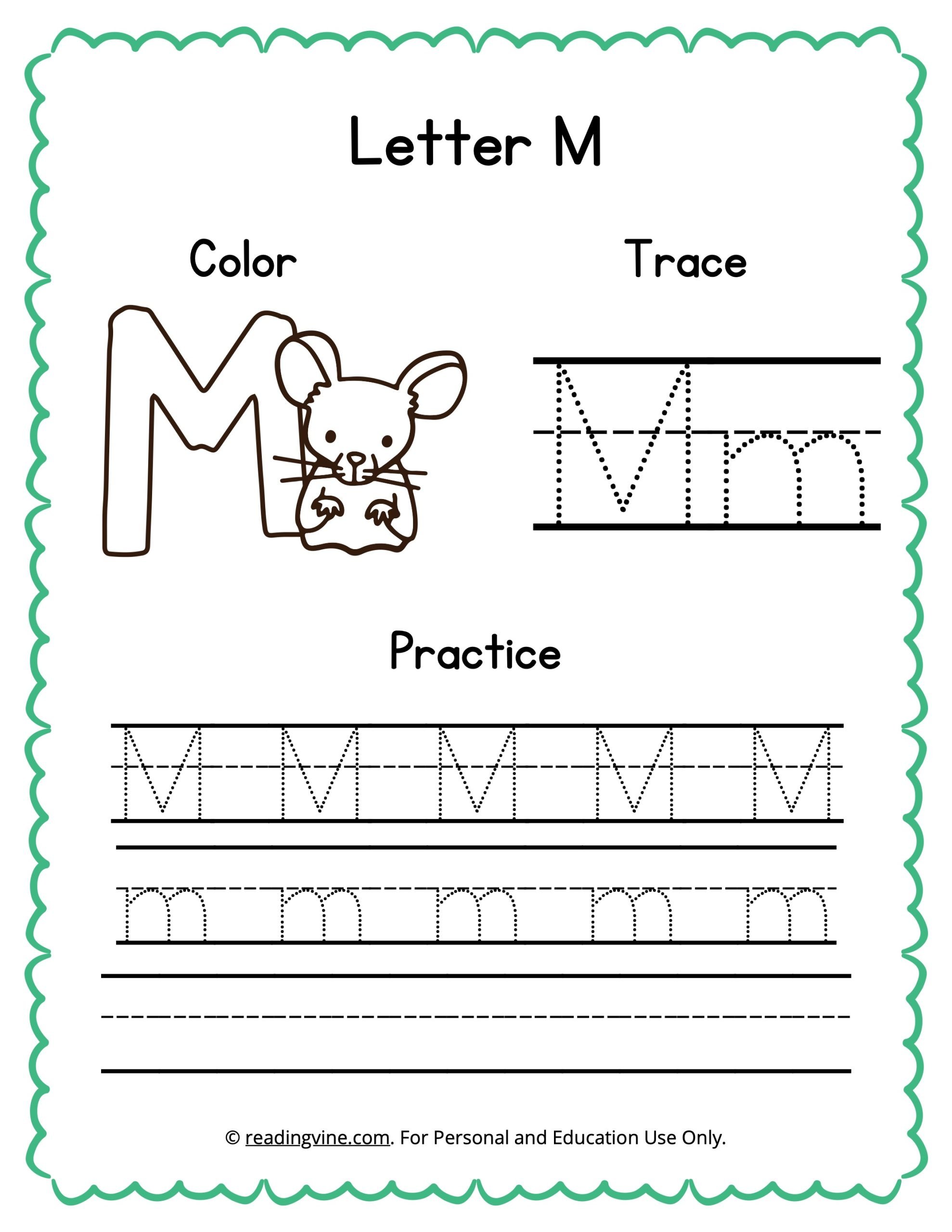 Color, Trace, and Write the Letter M Worksheet Image