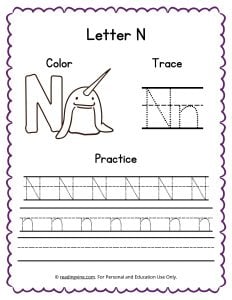 Color, Trace, and Write the Letter N Worksheet Image