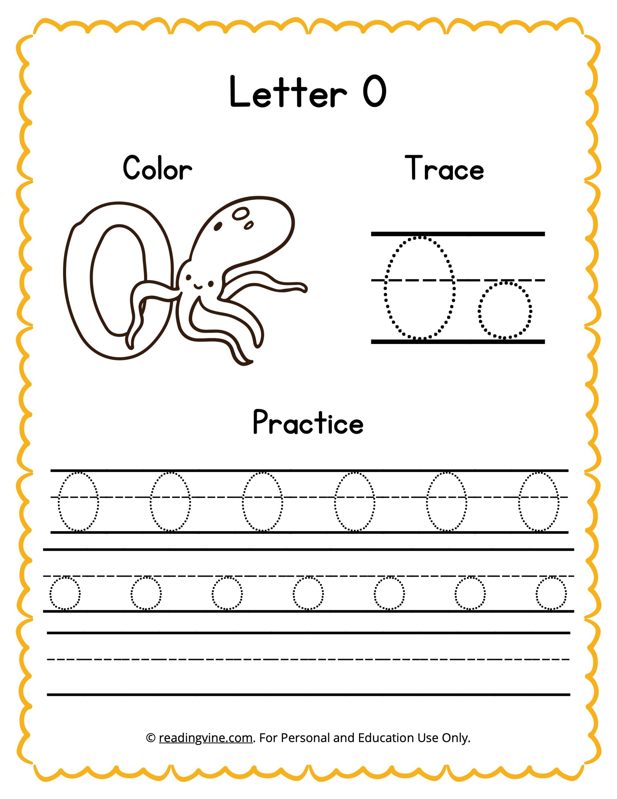 Color, Trace, and Write the Letter O Worksheet Image