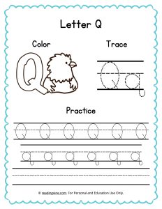 Color, Trace, and Write the Letter Q Worksheet Image
