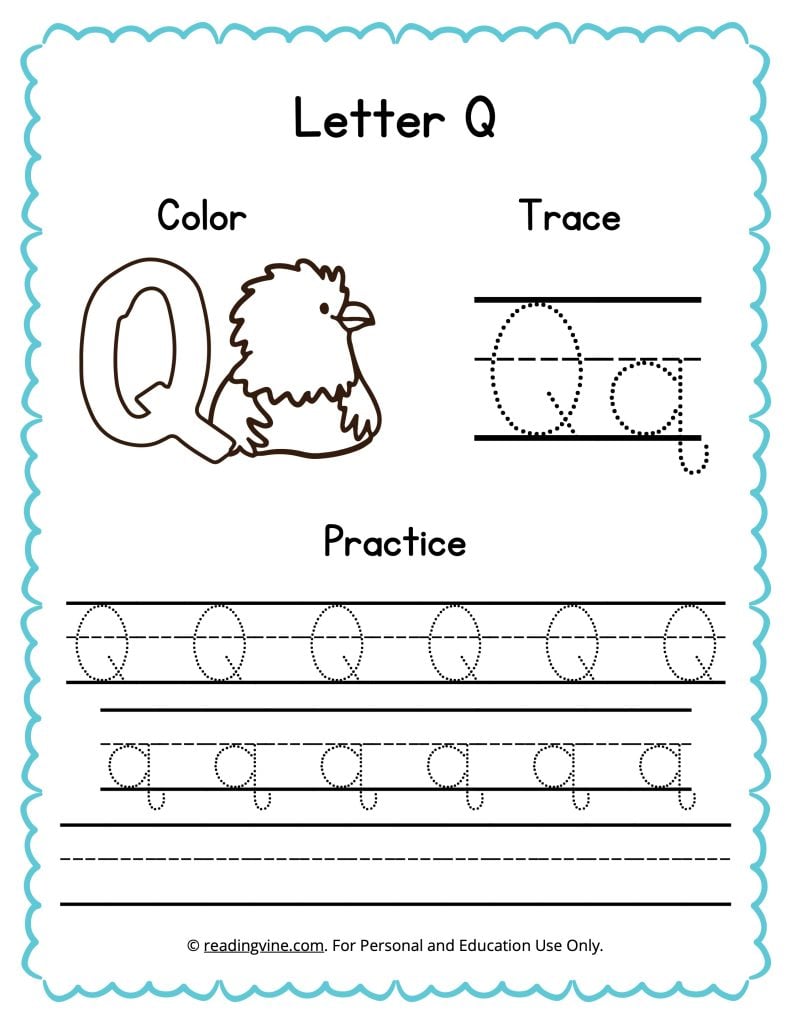 Color, Trace, and Write the Letter Q Worksheet