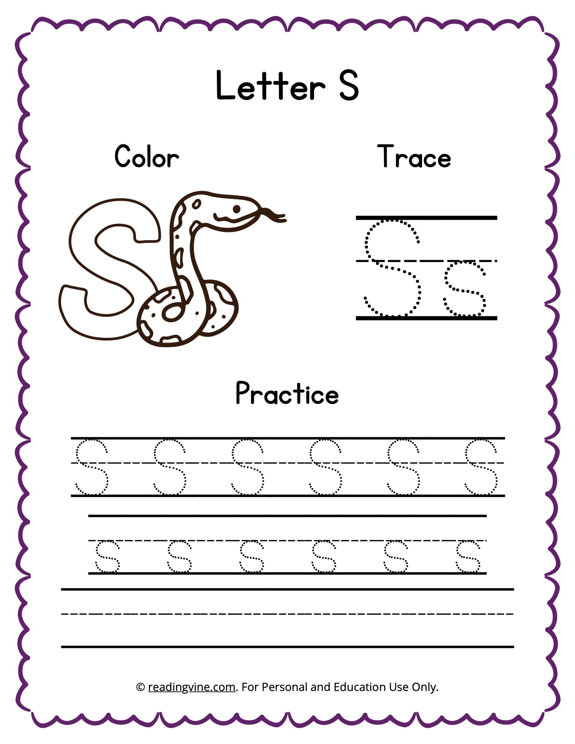 Color, Trace, and Write the Letter S Worksheet-image - ReadingVine