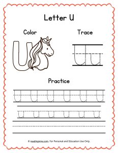Color, Trace, and Write the Letter U Worksheet Image