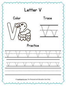 Color, Trace, and Write the Letter V Worksheet Image