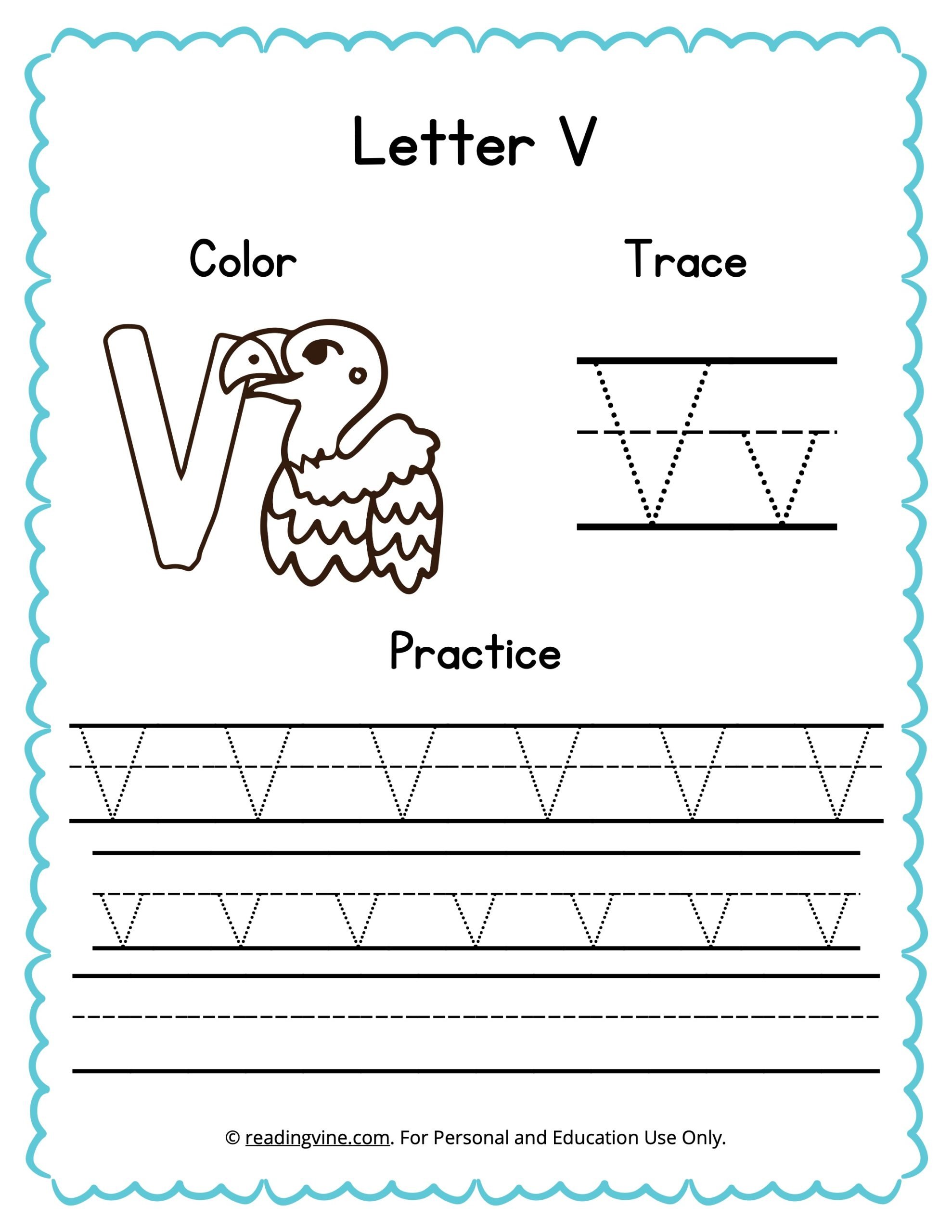 Color, Trace, and Write the Letter V Worksheet Image