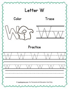 Color, Trace, and Write the Letter W Worksheet Image