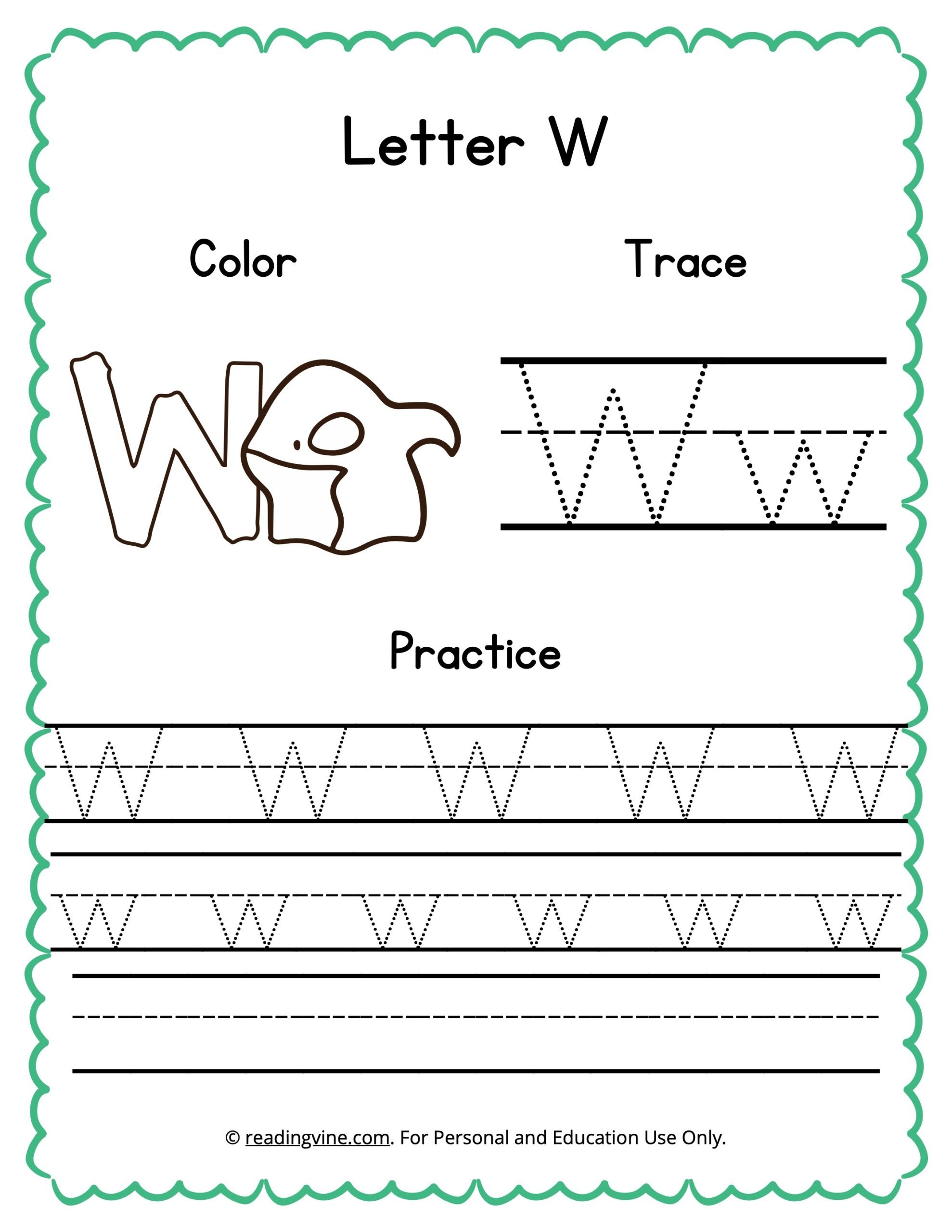 Color, Trace, and Write the Letter W Worksheet Image
