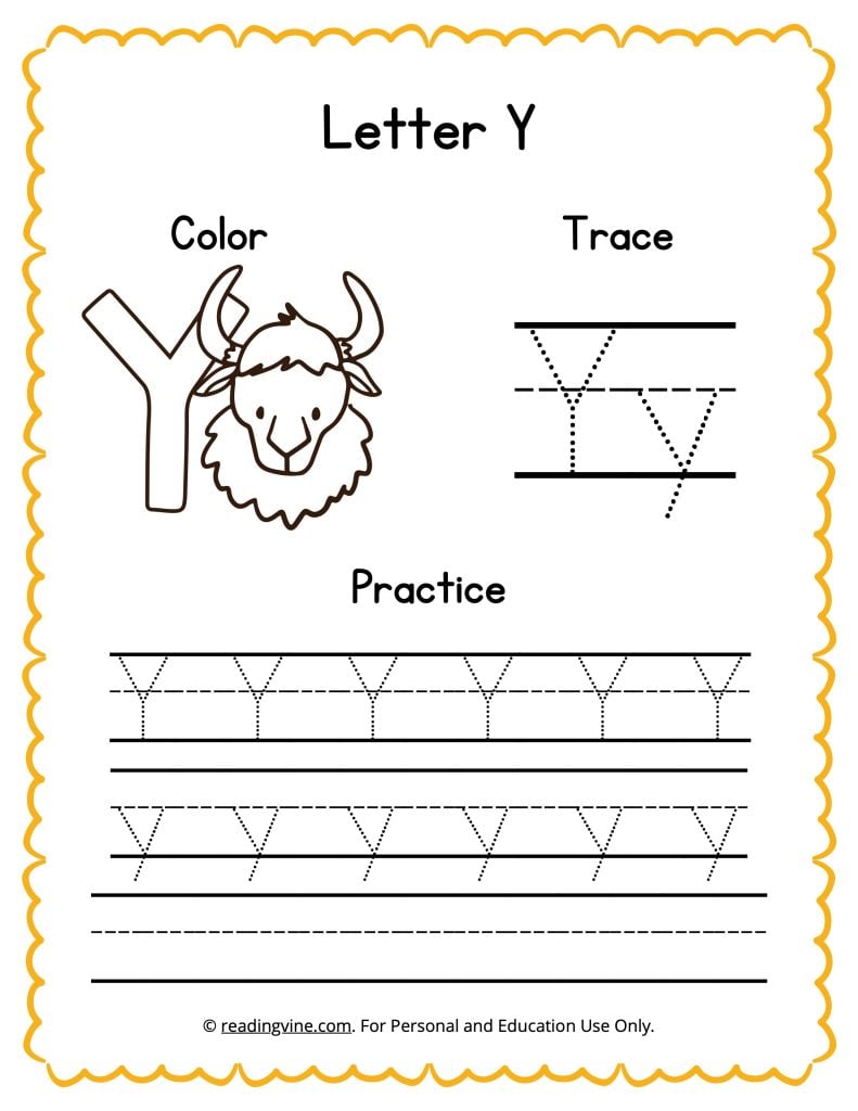 Color, Trace, and Write the Letter Y Activity